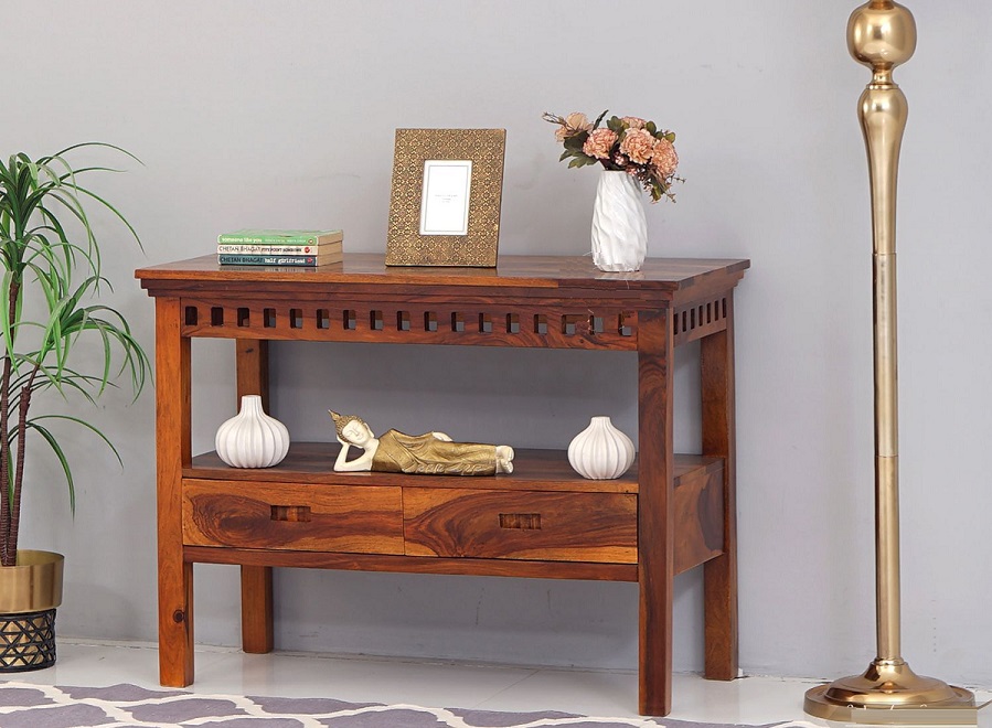 Farmhouse Wood Slat Console Table With Storage